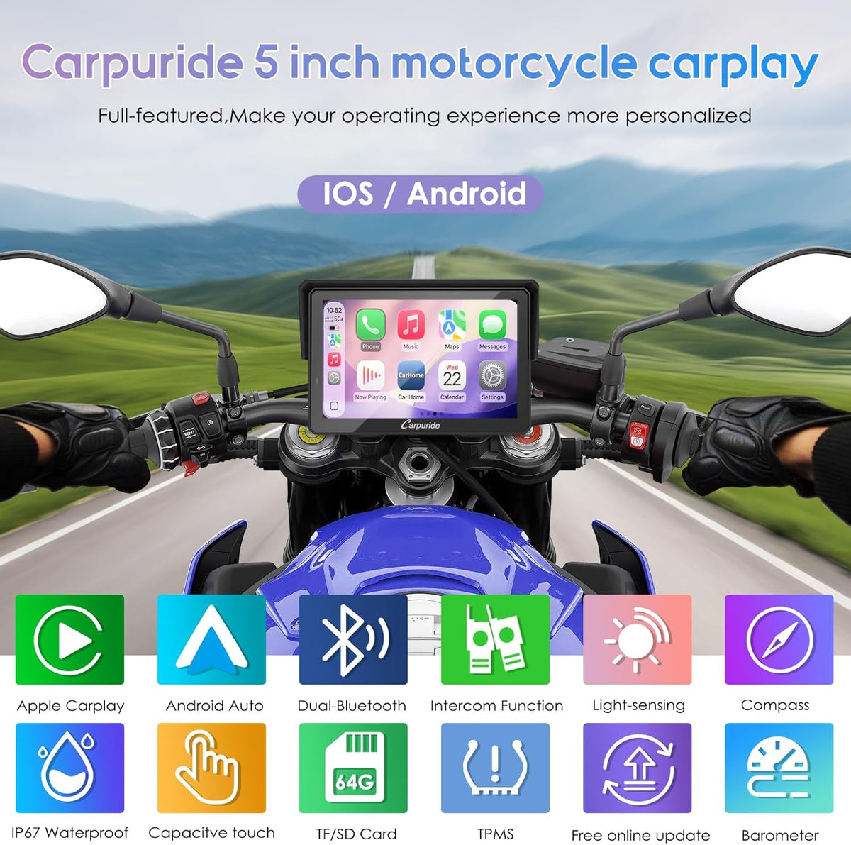 GPS-navigatiescherm motorfiets – Motorfiets navigatie – Motor GPS – Motorfiets display – Motorfiets scherm – 5" Waterdicht Touchscreen – Draadloze CarPlay & Android Auto