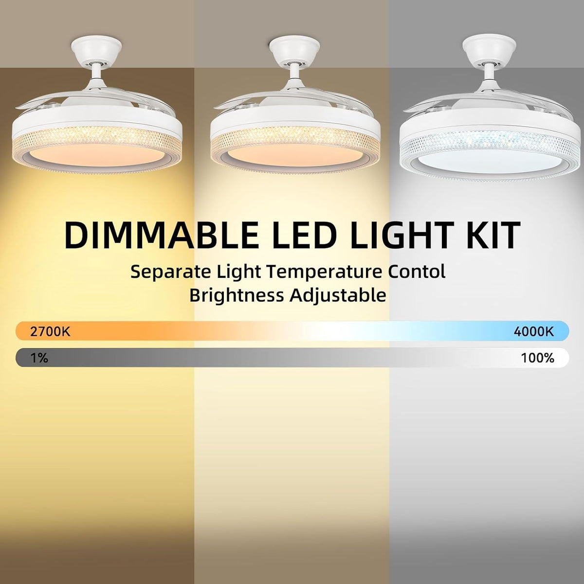 Horevo Plafondventilator met LED-verlichting Intrekbare plafondventilator met afstandsbediening, 42-inch onzichtbare bladen verborgen ventilator, ingebouwde dimbare plafondlamp en Bluetooth-luidspreker voor slaapkamer Woonkamer Eetkamer