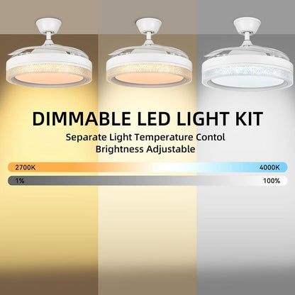 Horevo Plafondventilator met LED-verlichting Intrekbare plafondventilator met afstandsbediening, 42-inch onzichtbare bladen verborgen ventilator, ingebouwde dimbare plafondlamp en Bluetooth-luidspreker voor slaapkamer Woonkamer Eetkamer