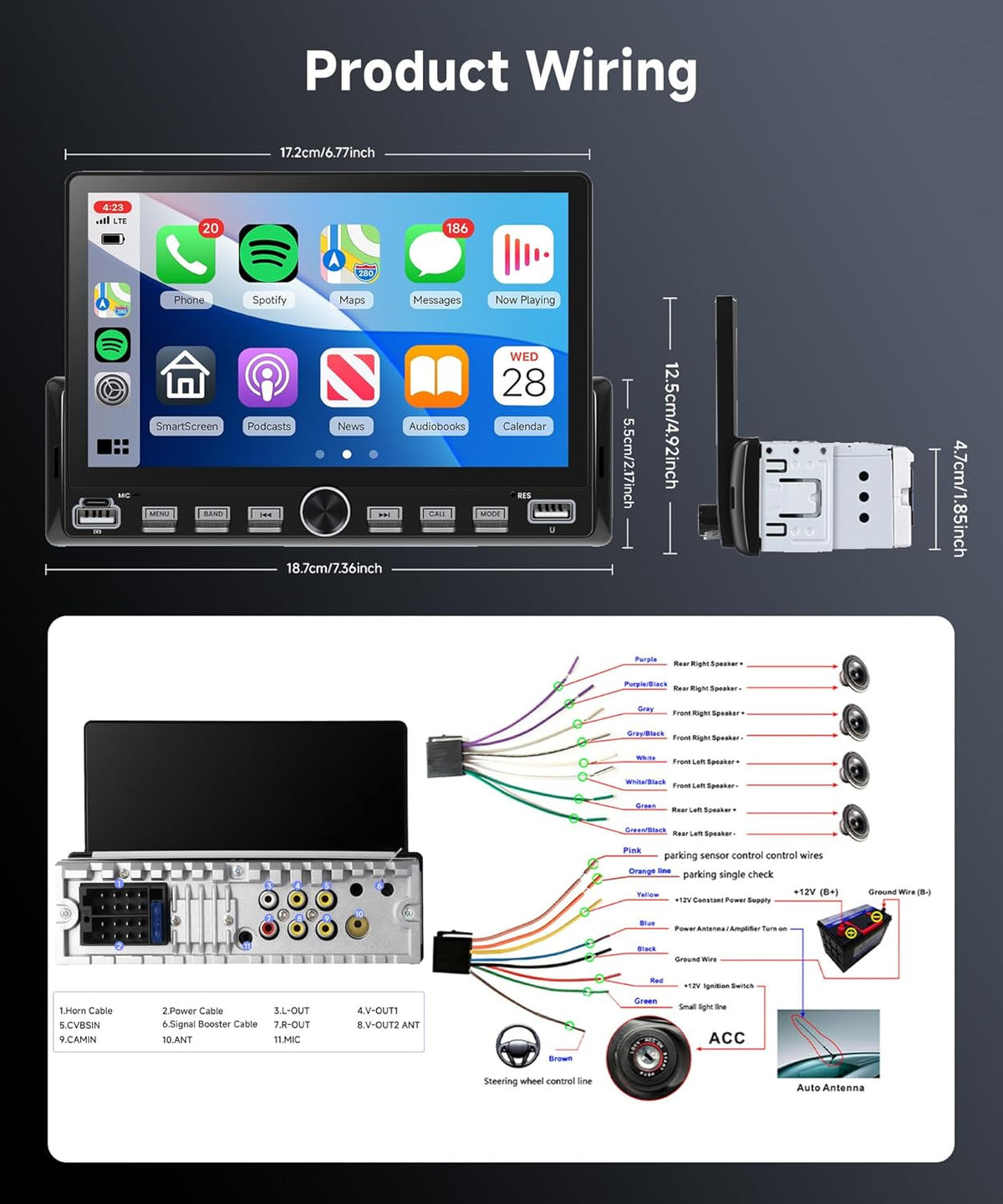 Autoradio, 1 Din pianotoetsen met draadloze Carplay Android auto, 7 inch IPS HD touchscreen, autoradio, ondersteuning bluetooth, FM-radio, USB/type-C, spiegellink, achteruitrijcamera