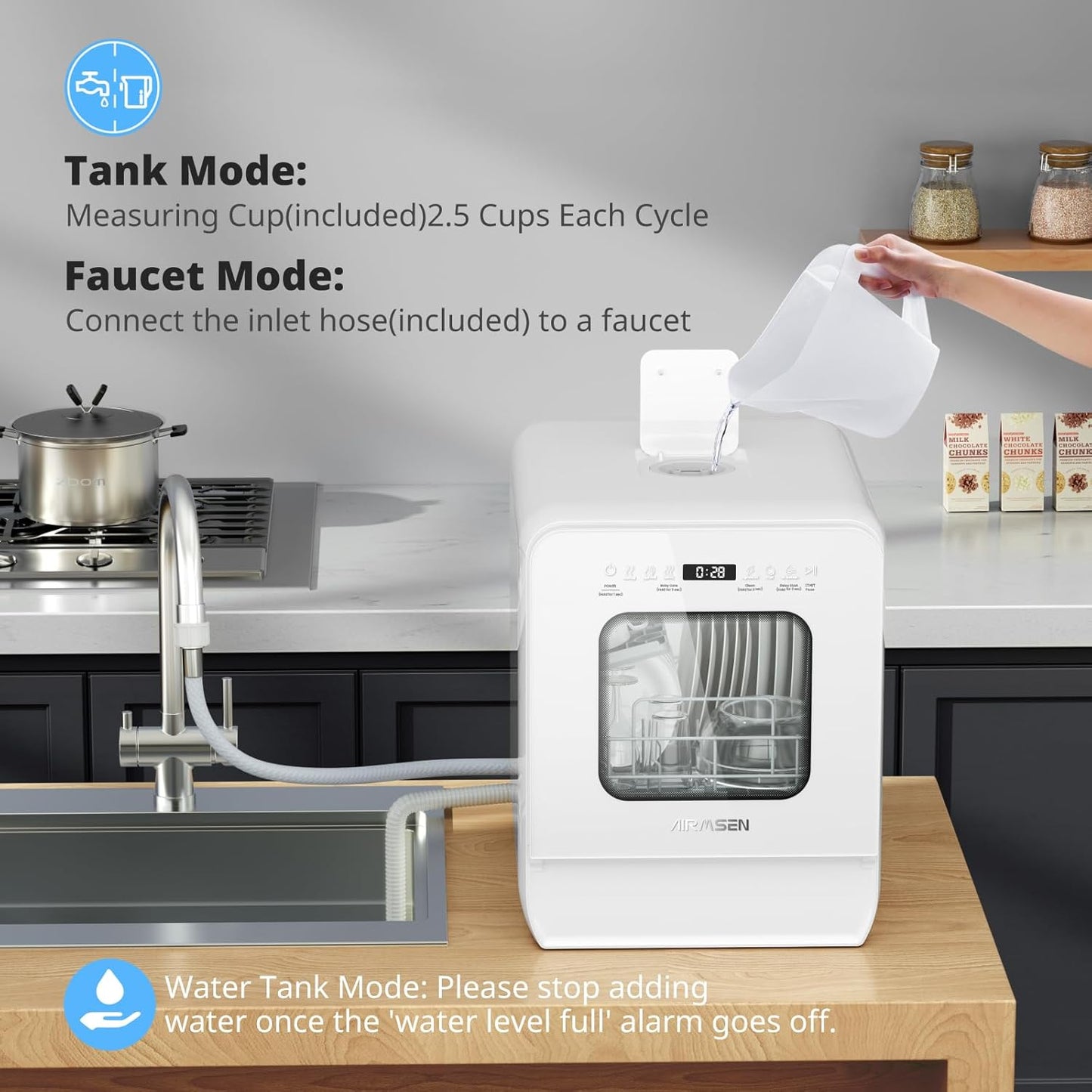 AIRMSEN 2025 NIEUW Opgewaardeerde Draagbare Vaatwasser Zonder Loodgieterswerk Tafelblad Vaatwasser met 5L Tank, 9 Programma's, 37 * 50cm Ultra-Smal & Diep Ontwerp, 1-24U Uitgestelde Start & 360°