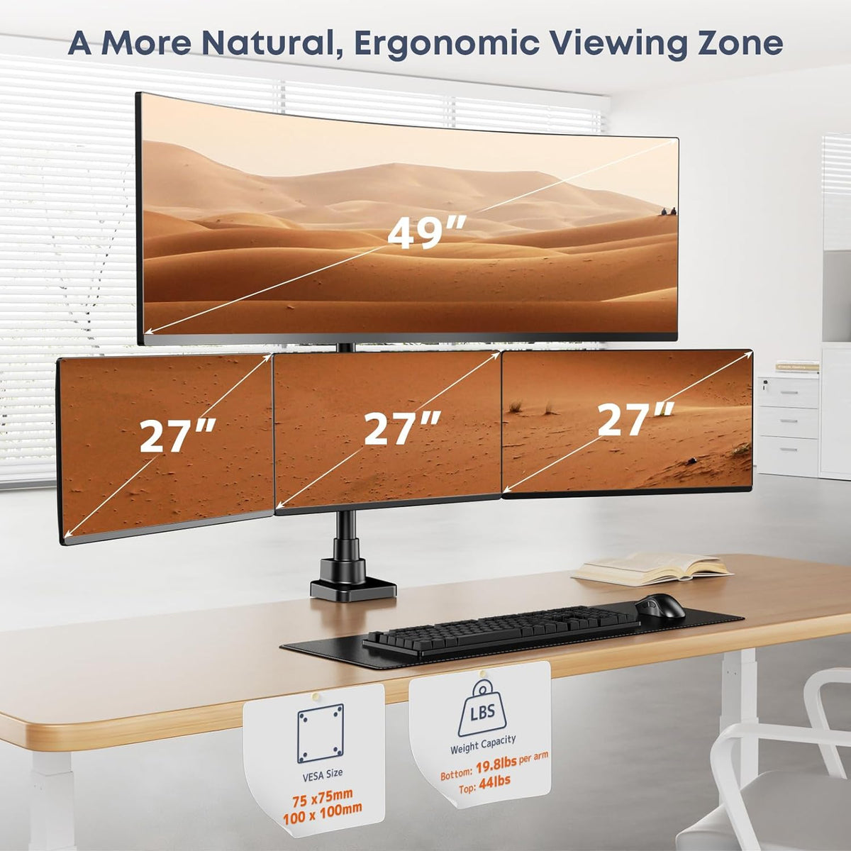 Monitorhouder voor 4-monitoren voor 49 inch ultrawide-schermen boven en 3 x 27 inch schermen op onderste houders, in hoogte verstelbaar, VESA 75/100, zwart