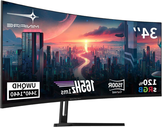 Minifire 34" UWQHD Curved Gaming Monitor 165Hz (DP), 3440 x 1440, Curved 1500R, 1ms (MPRT), Pip/PBP, FreeSync, HDR, 300nits, sRGB 125%, DCI-P3 95%, VA Panel, 2xHDMI 2.1(TMDS) 1xDP 1.4 PK orts MFG344 - QUORE
