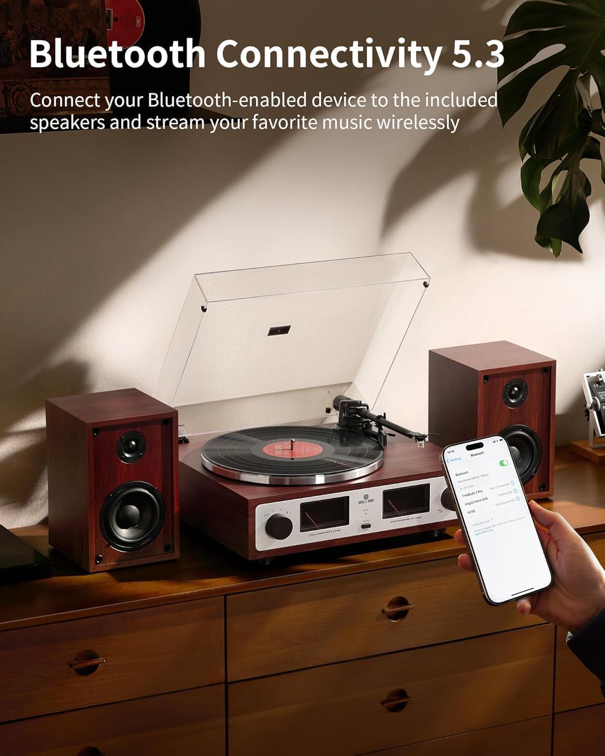 ANGELS HORN Vintage platenspeler, HiFi Bluetooth platenspeler met plankluidsprekers, ingebouwde phono-voorversterker, 2-speed riemaandrijving, stappenbediening, pick-up AT-3600L