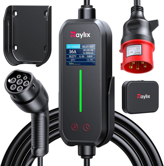 Raylix 11 kW elektrische autolader, type 2 (5 m, 6 A - 16 A, driefasig) met elektriciteitsmeter, instelbare intensiteit en uitgesteld opladen, laadstation 11 kW driefasig, compatibel met type 2