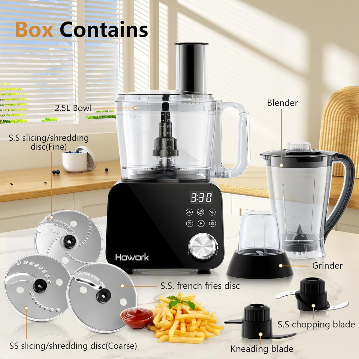 Howork Food Processor 1500 W, grote inhoud, multifunctioneel, voor het hakken, snijden, malen, smoothies, vullen en deeg, roostervrij staal, zwart