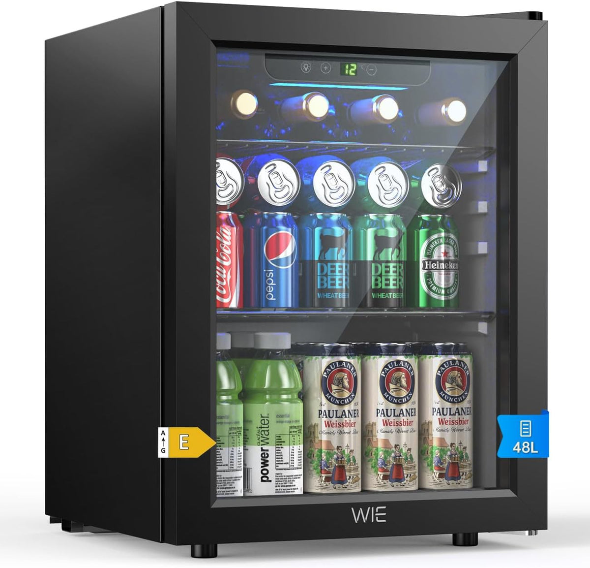 WIE 48L Minikoelkast, Geschikt Voor 68 Blikjes, met Glazen Deur, Temperatuurregeling, LED-verlichting, Stille Werking - Geschikt Voor Thuis, op Kantoor en in de Bar