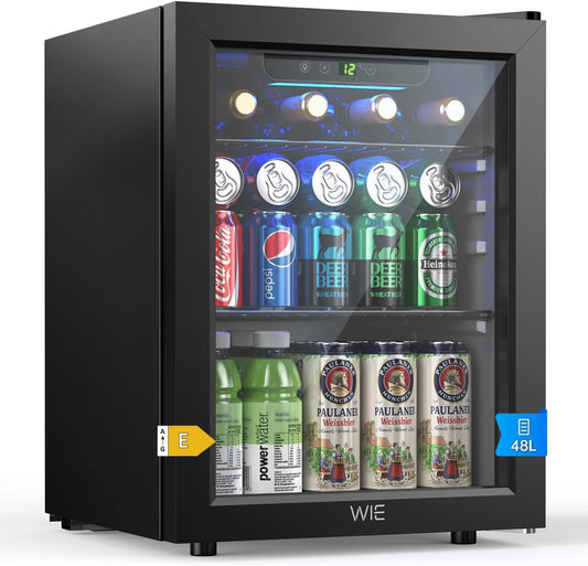 WIE 48L Minikoelkast, Geschikt Voor 68 Blikjes, met Glazen Deur, Temperatuurregeling, LED-verlichting, Stille Werking - Geschikt Voor Thuis, op Kantoor en in de Bar