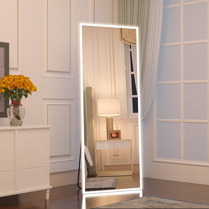 CASSILANDO Spiegel in volledige lengte 160 x 50,8 cm met ledlampen, staande vloerspiegel, wandspiegel, variabele kleur en helderheidsinstelling voor slaapkamer, led, wit met standaard