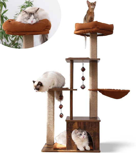 FUKUMARU Cat Tree, 136 cm Medium Tower with Padded Plush Perch and Cave, Wooden Apartment with Scratching Post and Hammock, Climbing Frame Playhouse for Indoor Cats, Retro Style - QUORE