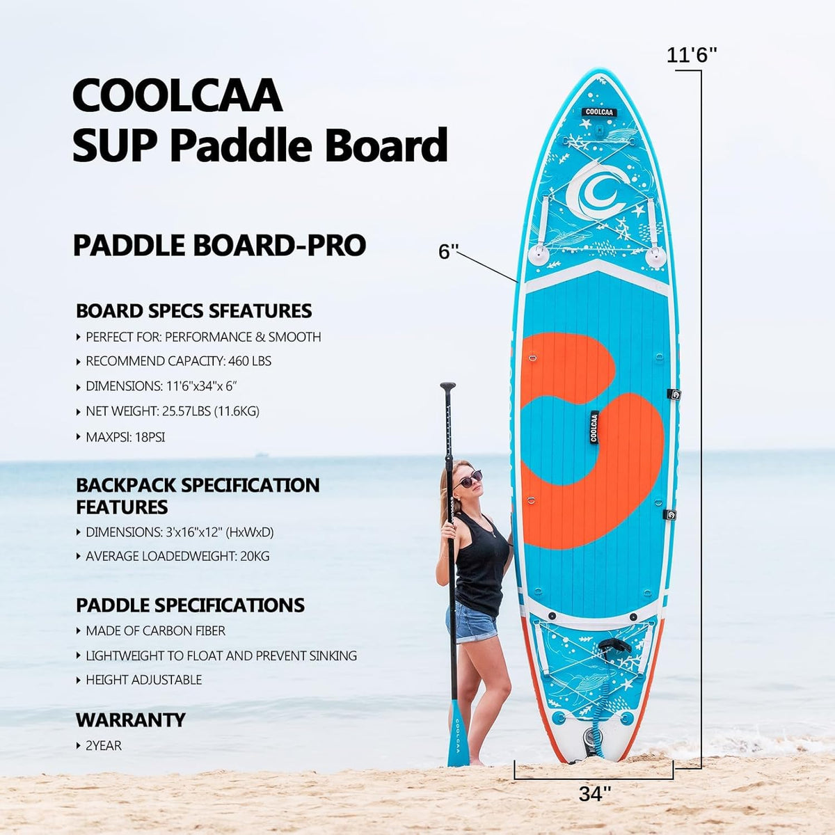 COOLCAA Stand-up paddleboard van 354 x 86 x 15 cm, met premium SUP-accessoires, draagkracht tot 210 kg, SUP-board voor volwassenen en jongeren van alle niveaus