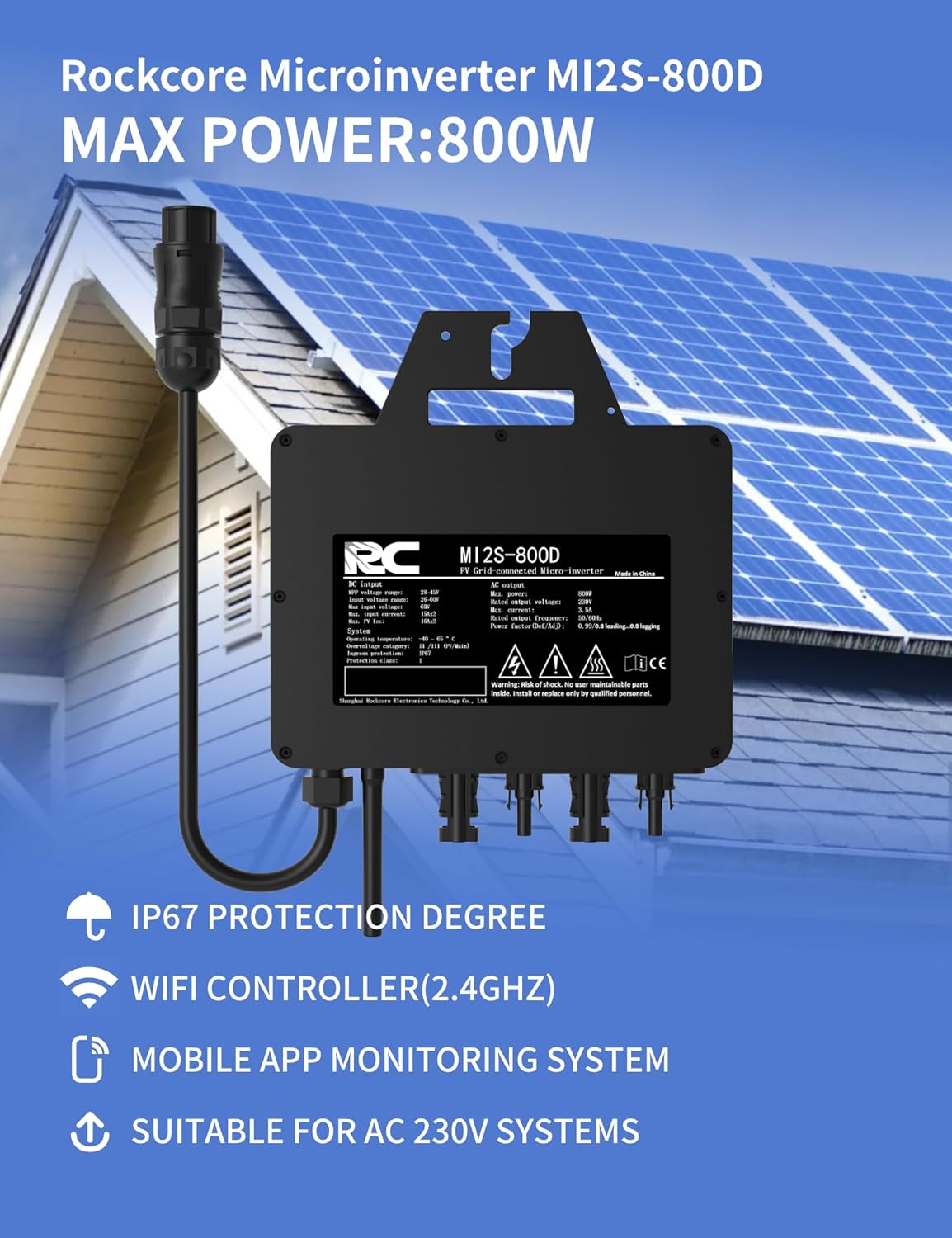 RC micro-omvormer 800 W,26-60V DC-ingang,MPPT Micro Solar Grid Tie Inverter met wifi mobiel surveillance-systeem, zwart (0% belastingtarief in DE en at)