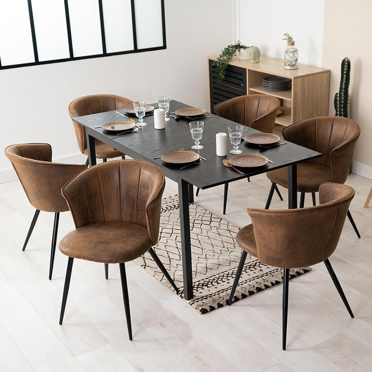 MEUBLE COSY Eetkamerstoelen, set van 6, keukenstoel, Scandinavische gestoffeerde stoel met armleuning, fluwelen metalen poten, bruin, 55x58x75,5cm
