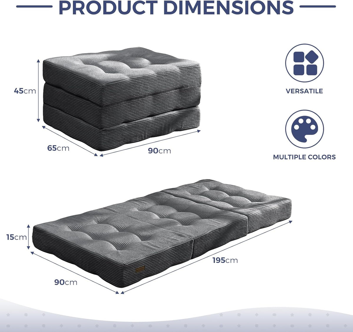 MAXYOYO Opvouwbaar matras, eenpersoons, comfortabel opvouwbaar corduroy matras met 15 cm dik schuim, drievoudig opvouwbare futon slaapbank voor gasten, 90x190cm