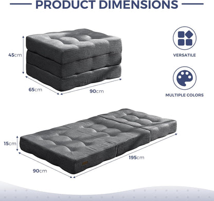 MAXYOYO Opvouwbaar matras, eenpersoons, comfortabel opvouwbaar corduroy matras met 15 cm dik schuim, drievoudig opvouwbare futon slaapbank voor gasten, 90x190cm