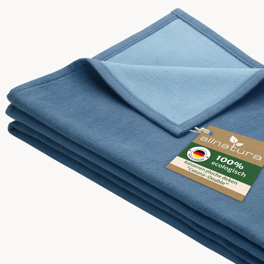 allnatura plaid blauw 140x200 cm Cotona-Double – grote plaid voor bank XXL – warme dikke katoenen plaid GOTS gecertificeerd biologisch katoen – deken voor bed 2 personen – Made in Germany