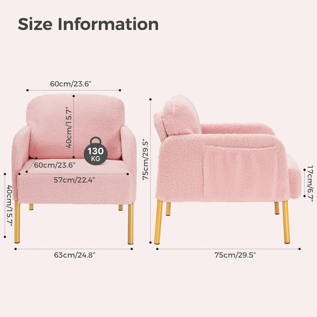 Mondeer Armchair Accent Chair with Storage Bag and Metal Legs, Soft Imitation Lambswool Fabric for Living Room, Bedroom, Reading Reception, Lounge, 63 x 75 x 75 cm, Pink