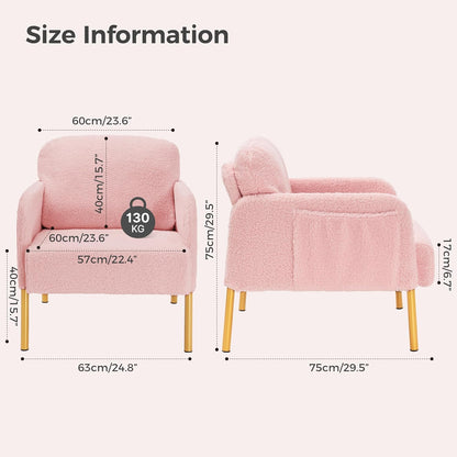 Mondeer Armchair Accent Chair with Storage Bag and Metal Legs, Soft Imitation Lambswool Fabric for Living Room, Bedroom, Reading Reception, Lounge, 63 x 75 x 75 cm, Pink