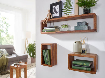 FineBuy Wall Shelf Set of 3 Sheesham Solid Wood | Wall Shelf Cube Hanging Shelf | Shelf for Wall Floating - QUORE