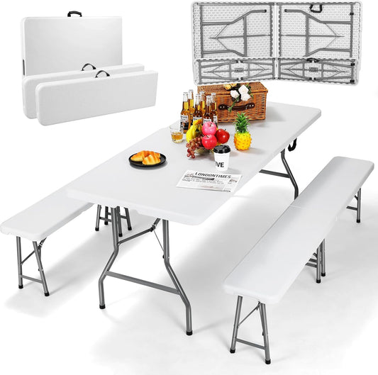 Inklapbaar Biertentset - Feesttentset - met Biertafel - Set van 2 Bierbanken - Tuinmeubelen - voor 8-10 personen - Ruimtebesparend - Weerbestendig - Robuust - voor Camping - Balkon - Buiten - Wit