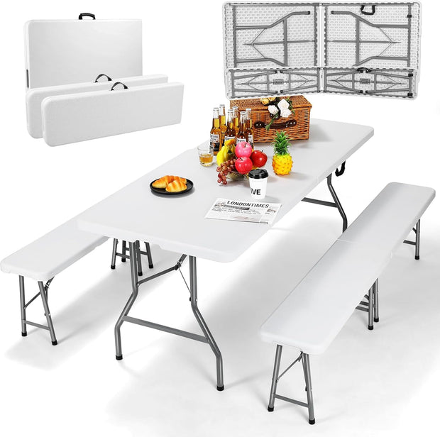 Inklapbaar Biertentset - Feesttentset - met Biertafel - Set van 2 Bierbanken - Tuinmeubelen - voor 8-10 personen - Ruimtebesparend - Weerbestendig - Robuust - voor Camping - Balkon - Buiten - Wit