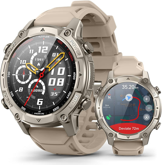 GPS Smartwatch voor heren met offline kaarten, kompas, 5 ATM waterdicht, 21 dagen accu, 143 inch AMOLED, KI/hartslag-/zuurstof-/stress-/slaapmonitor, 178 sportmodi, sporthorloge voor Android iOS, kaki