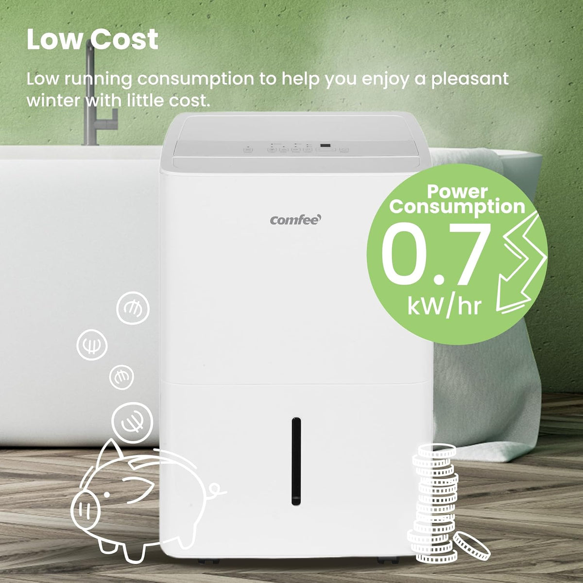 COMFEE' Déshumidificateur 30L/jour, déshumidificateur d'air adapté jusqu'à 73㎡,3L réservoir d'eau, Roues, Mode de séchage, Bruit réduit, MDDPE-30DEN7