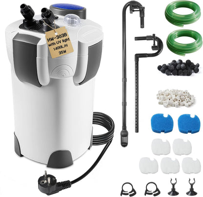 Buitenfilter aquarium met uv-lamp, 1400 l/u, 35 W filter voor aquaria tot 300 liter, instelbaar aquariumfilter, krachtige 3-traps canisterfilter, kamerfilter met filtermateriaal slang HW-302B