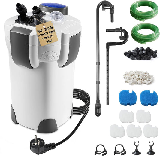 Buitenfilter aquarium met uv-lamp, 1400 l/u, 35 W filter voor aquaria tot 300 liter, instelbaar aquariumfilter, krachtige 3-traps canisterfilter, kamerfilter met filtermateriaal slang HW-302B