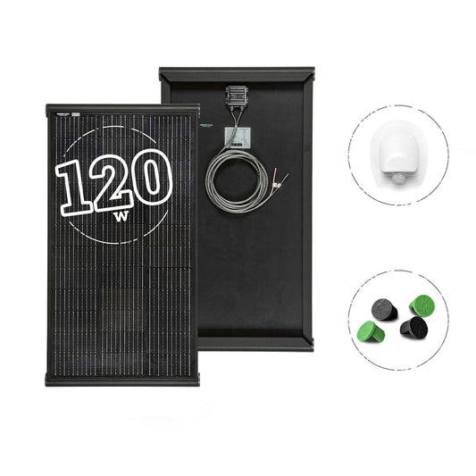 MOSCATELLI Zonnepaneel 120W Black Boost Monokristallijn PERC Compleet Kit voor Campers met Geïntegreerd Zwart Aluminium Profiel voor Dakbevestiging - ZONDER REGELAAR