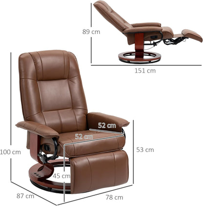 Relaxstoel – Fauteuil – Ligstoel – Draaifauteuil – Loungestoel – Verstelbare Rugleuning tot 145° – Handmatige Voetensteun – Kunstleer – Houten Onderstel
