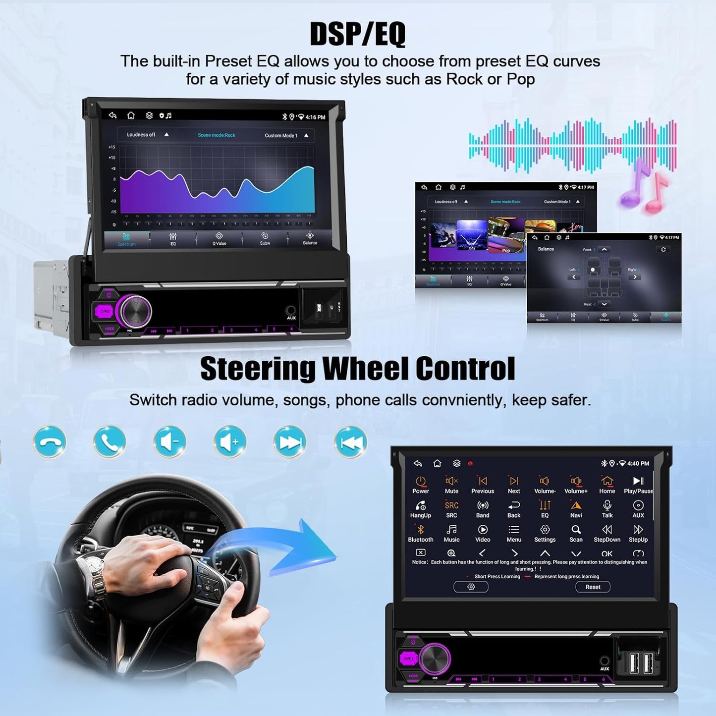 Android 15 Autoradio – 1 DIN Autoradio – Android Autoradio – Multimedia Speler – Car Stereo – 7 Inch Intrekbaar Touchscreen – Draadloze CarPlay & Android Auto