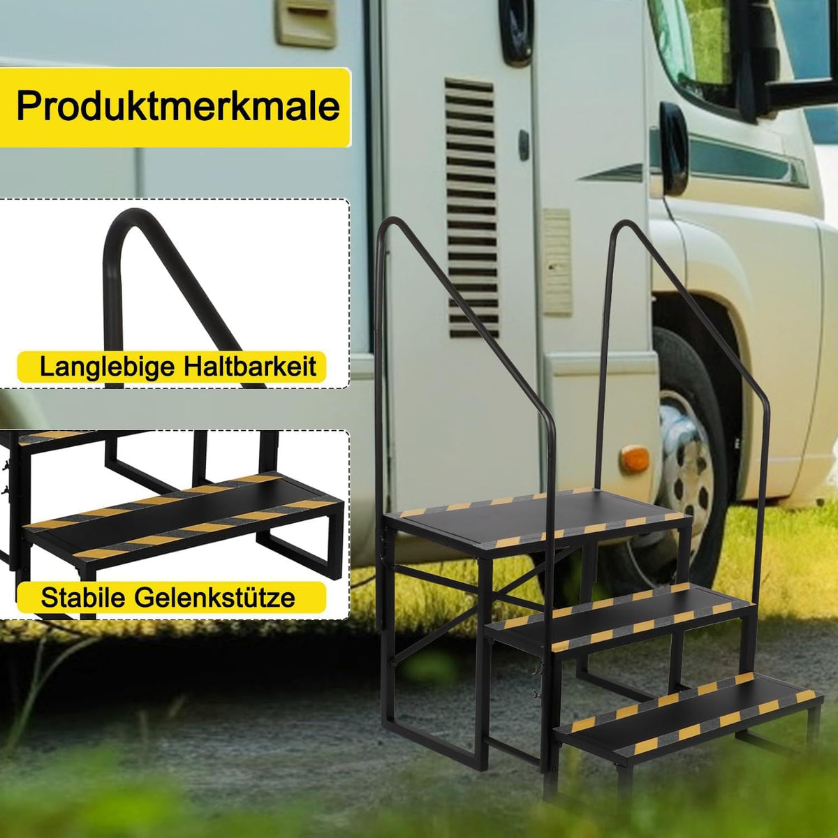 Campertrap, 3-traps, camper, 200 kg draagkracht, voor caravans, camping, met 2 leuningen, antislip opstapkruk, RV steps, reisaanhanger