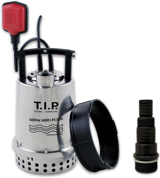 T.I.P. SaltOne 1600 I-PX DUO Dompelpomp voor zout water, debiet tot 16.000 l/u, max. opvoerhoogte/max. druk 10 m/1,0 bar, vloeistoffen tot 50°C, voor sop, ca. 4 min. tot 90 °C mogelijk
