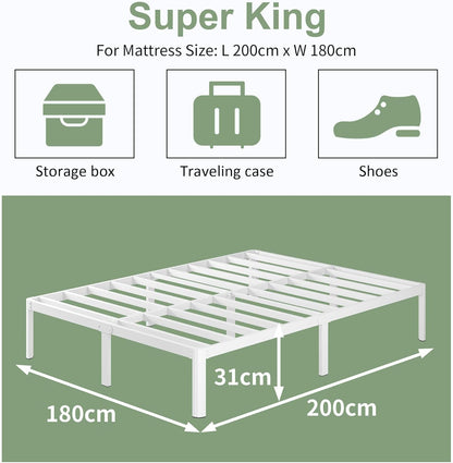 Lutown-Teen Metalen Bedframe 180x200 cm met Ronde Hoekpoten, Hoogte 30.5cm, Bed Frame 180x200 met Lattenbodem Van Metaal, Stabiel, Eenvoudige Montage, Opbergruimte onder het bed, Wit