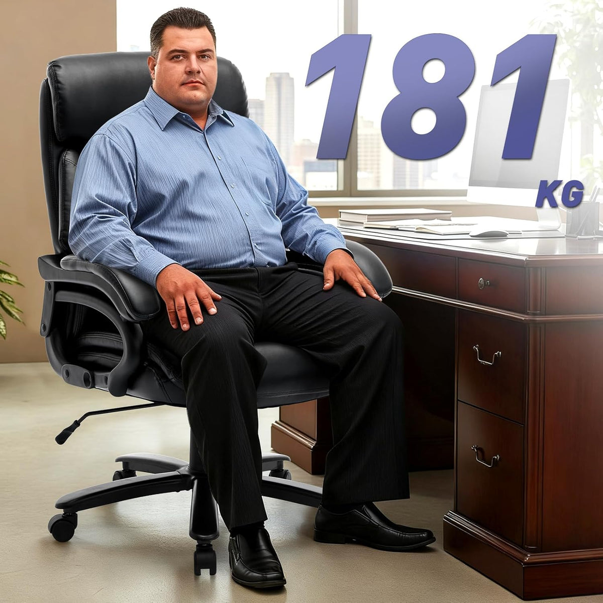 COLAMY XXL managersstoel [181 kg], bureaustoel met hoge rugleuning van leer met verstelbare armleuningen en gestructureerde rugleuning, extra brede zitting (59 cm), voor thuiskantoor en kantoor, zwart
