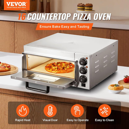 VEVOR Commerciële pizzaoven, capaciteit 40,6 cm, elektrische oven met enkele verdieping, van roestvrij staal, met steen en handvat, multifunctionele pizzamachine voor binnen, voor restaurant, huis