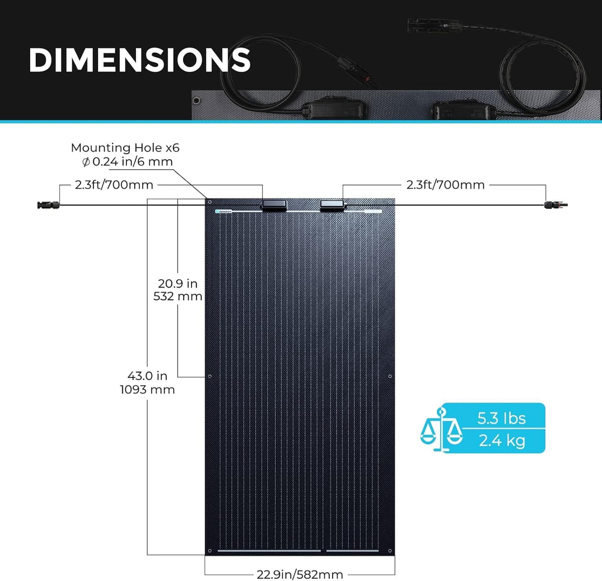 Renogy Flexibel zonnepaneel, 100 W, 12 volt semi-flexibele zonnepanelen, buigbaar, mono, off-grid, zonne-energie PV paneel voor marine, motorhuis, cabine, bestelwagen, auto en oneffen oppervlakken