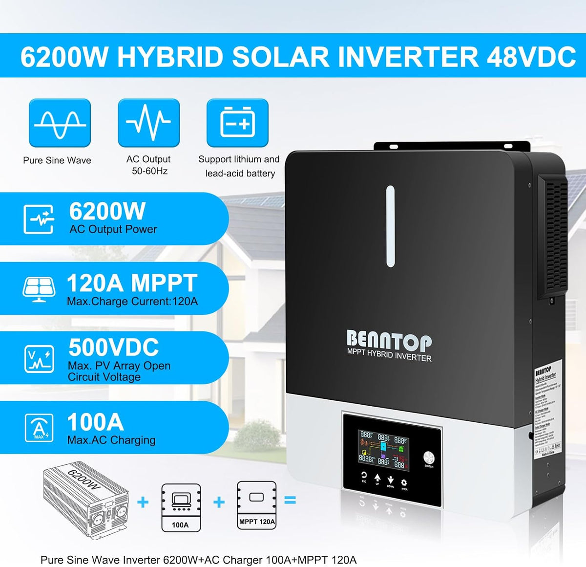 Hybride omvormer, zuivere sinus, 6200 W, 48 V DC naar 220/230 V AC zonne-omvormer, PV max.500 V, Avec Chargeur Solaire 120 A, MPPT voor netonafhankelijke loodzuur-lithiumbatterij