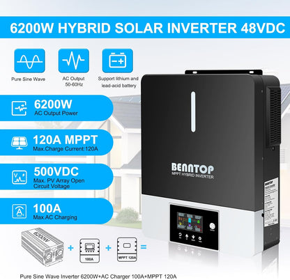 Hybride omvormer, zuivere sinus, 6200 W, 48 V DC naar 220/230 V AC zonne-omvormer, PV max.500 V, Avec Chargeur Solaire 120 A, MPPT voor netonafhankelijke loodzuur-lithiumbatterij