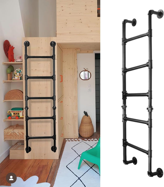 Stapelbed ladder met 5 treden, 15 x 3 m, wandmontage, kelder, raam, fontein, ladder, zwart smeedijzer, industriële buis, step-ladds, metalen binnenladders voor buiten