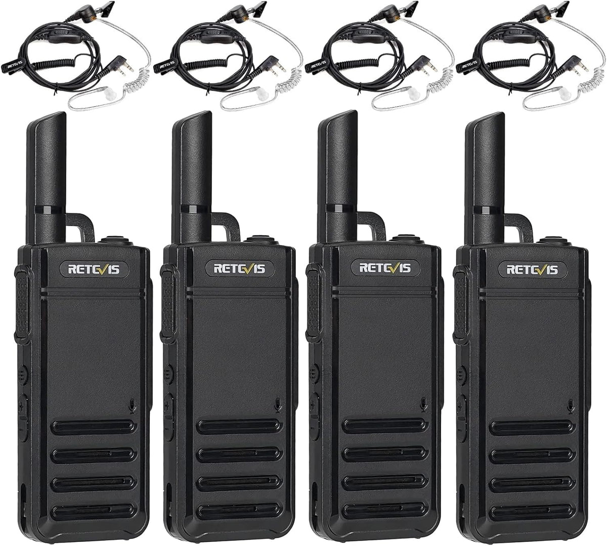Retevis RB639 Walkie Talkie, PMR446 Professional Portofoon Mini met Oortjes, USB-C, Wireless Clone, Squelch, VOX Walkie Talkie Handsfree voor Restaurant, Detailhandel (4 Stuks, Zwart)