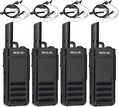 Retevis RB639 Walkie Talkie, PMR446 Professional Portofoon Mini met Oortjes, USB-C, Wireless Clone, Squelch, VOX Walkie Talkie Handsfree voor Restaurant, Detailhandel (4 Stuks, Zwart)