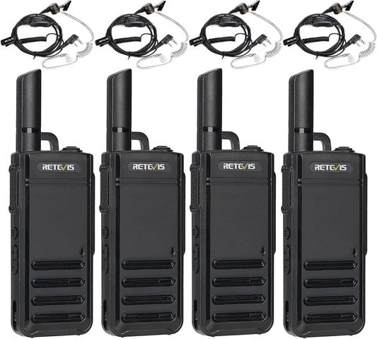 Retevis RB639 Walkie Talkie, PMR446 Professional Portofoon Mini met Oortjes, USB-C, Wireless Clone, Squelch, VOX Walkie Talkie Handsfree voor Restaurant, Detailhandel (4 Stuks, Zwart)