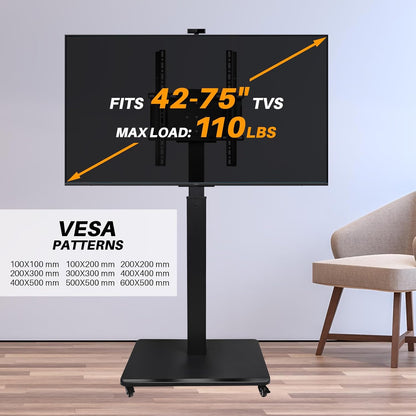 Rollende tv-standaard met handzwengellift, mobiele tv-kar voor 42-75 inch tv's, portret naar landschap, vrije hoogte verstelbaar voor maximaal 110 lbs, Max VESA 600 x 500 mm (42-75 inch tv's)