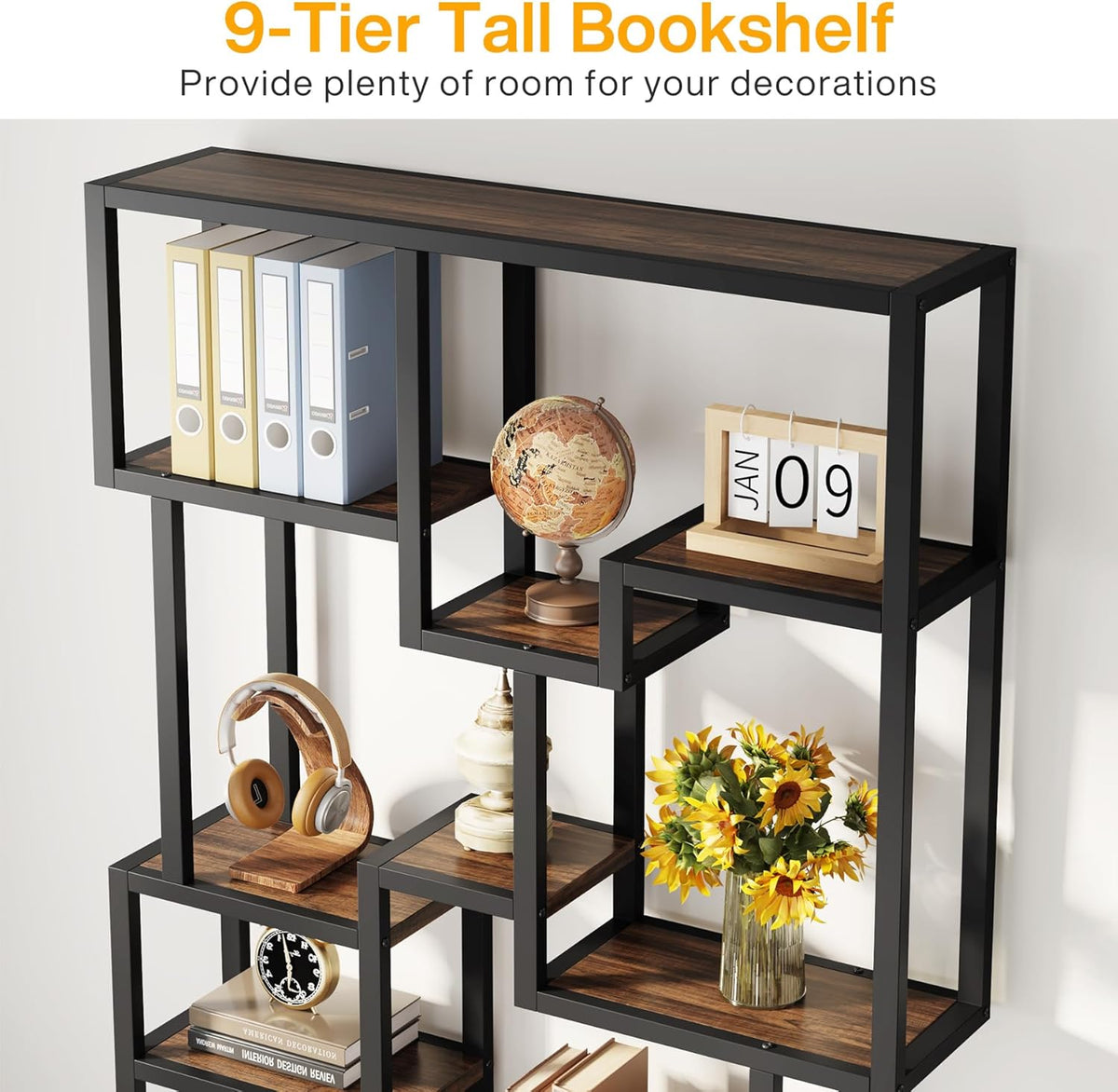 Tribesigns Industry 7 Tier Bookcase, 180 cm Tall Floor, Wooden Bookcase, Open Exhibition Rack with Metal Frame for Living Room, Home Office, Rustic Brown