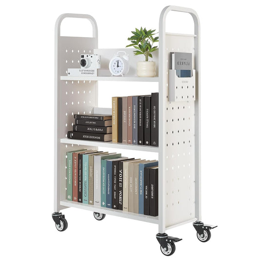 Boekenwagen – Boekentrolley – Boekenkar – Rollende Boekenkast – Boekenrek – Hoog Draagvermogen 350 kg – L-Vormige Planken Met 360° Zwenkwielen Met Rem