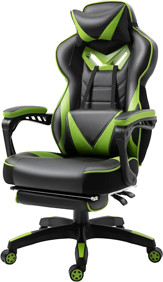 Vinsetto Ergonomic Gaming Chair, Comfortable Office Chair with Footrest, Headrest and Lumbar Cushion, Height Adjustable, Black and Green - QUORE