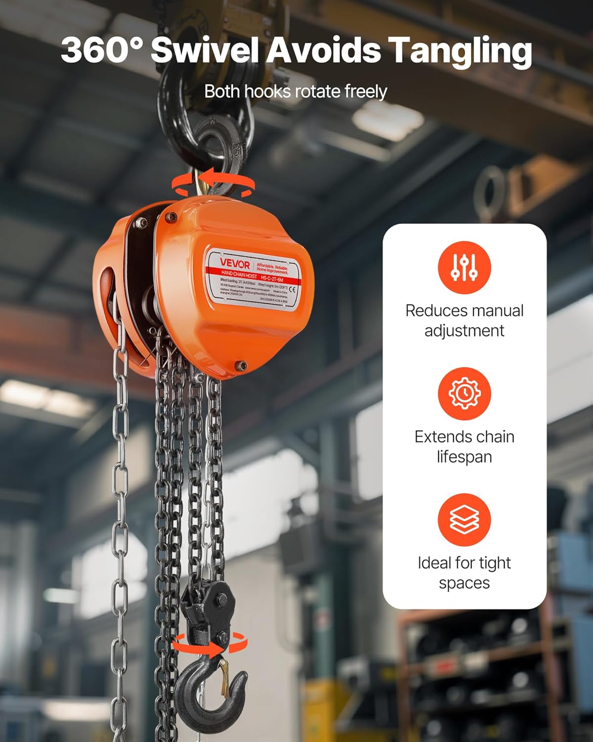 VEVOR Trekkoord met 2 T draagvermogen, handketting, 6 m hefhoogte, hoes met G80-ketting, krachtige takel, handmatige takel voor garages, magazijnen, automobielmachines, oranje