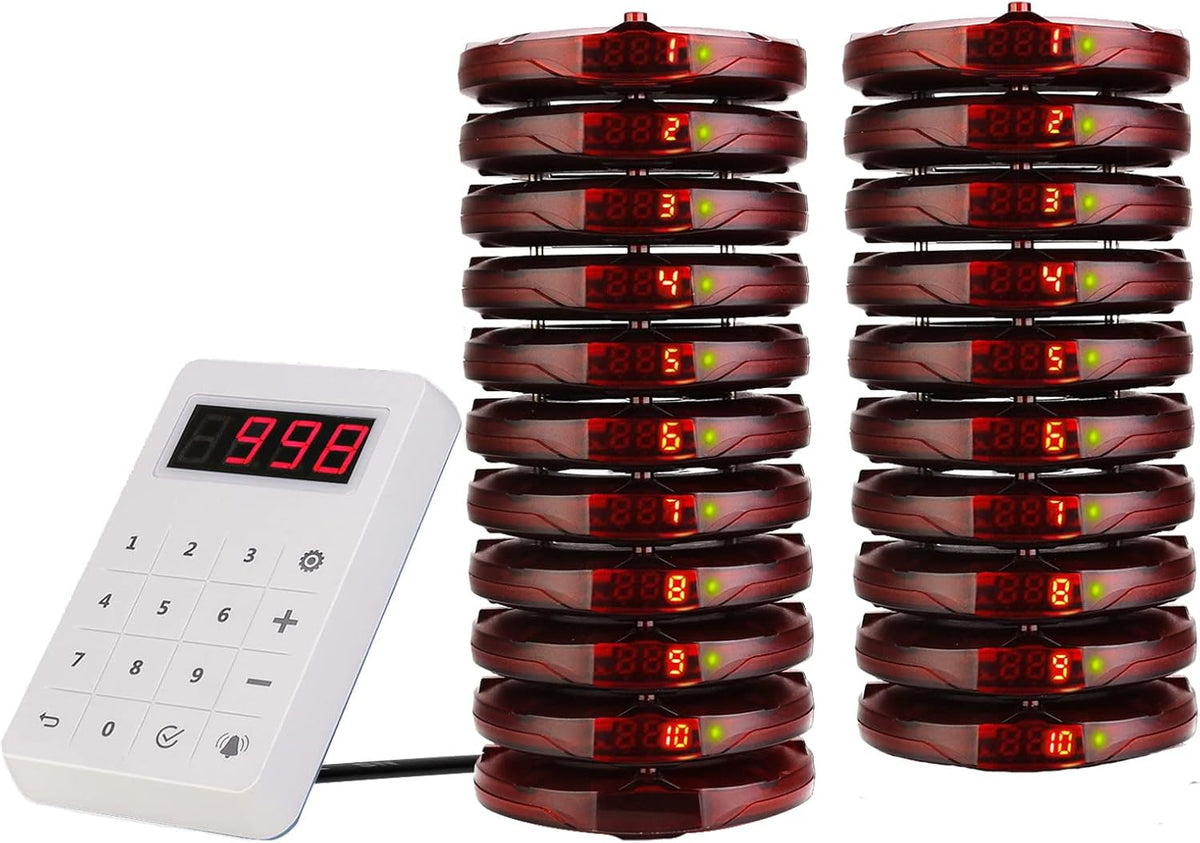 Retekess TD158 Pager System, Mini Call System Pager, Outdoor 500M, LED Ear Display, 4 Call Modes(1 Keyboard Transmitter + 20 Pagers) - QUORE